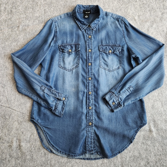 Wet Seal Chambray Lyocell Button Up Shirt Women's M Blue Pockets Y2K Western - Picture 2 of 9